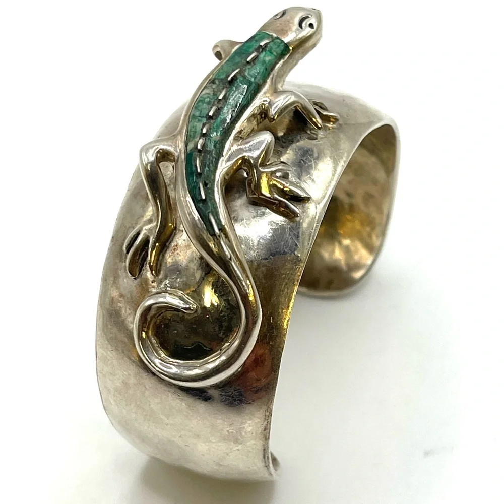 Taxco Sterling Silver Cuff Bracelet with Turquoise Inlaid Lizard 3D 925 Large - Picture 1 of 8